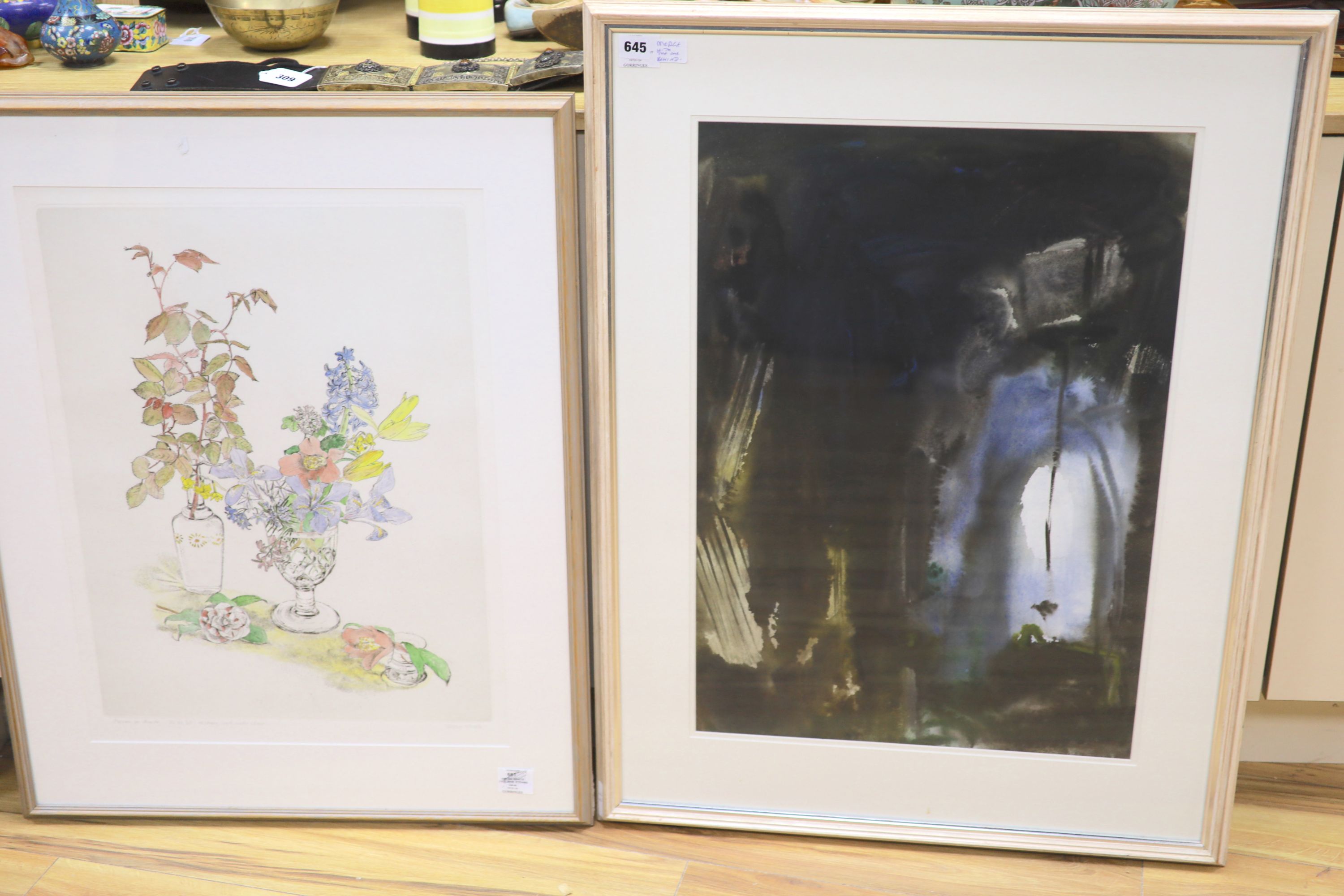 Gillian Whaite (1934-2012), etching and watercolour, 'Flowers', signed, 30/60, 59 x 44cm and R. A.Elliott, watercolour, Untitled, signed in pencil, 69 x 48cm